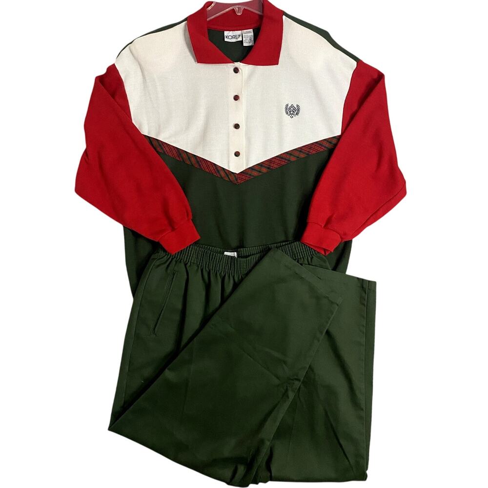Koret Vintage Knit Pant Suit Women 1X/18 XL Green/Red Color Block Holiday Casual